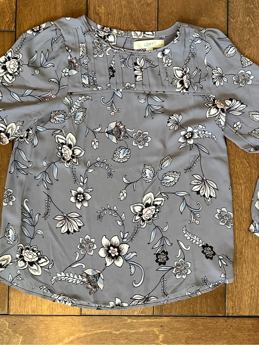 LOFT Gray Floral Pintuck Yoke Blouse